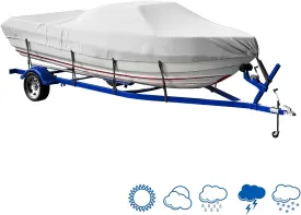 14-16 Ft Boat Covers Fits Tri-Hull, V-Hull, Runabout, Fishing Boat,Bass Boat Marine 600D Trailerable Polyester Canvas Boat Covers Waterproof with Tightening Strap