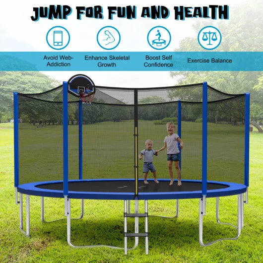 15/16 Feet Outdoor Recreational Trampoline with Enclosure Net-16 ft - Color: Black - Size: 16 ft