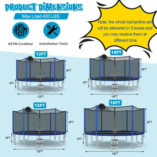 15/16 Feet Outdoor Recreational Trampoline with Enclosure Net-16 ft - Color: Black - Size: 16 ft