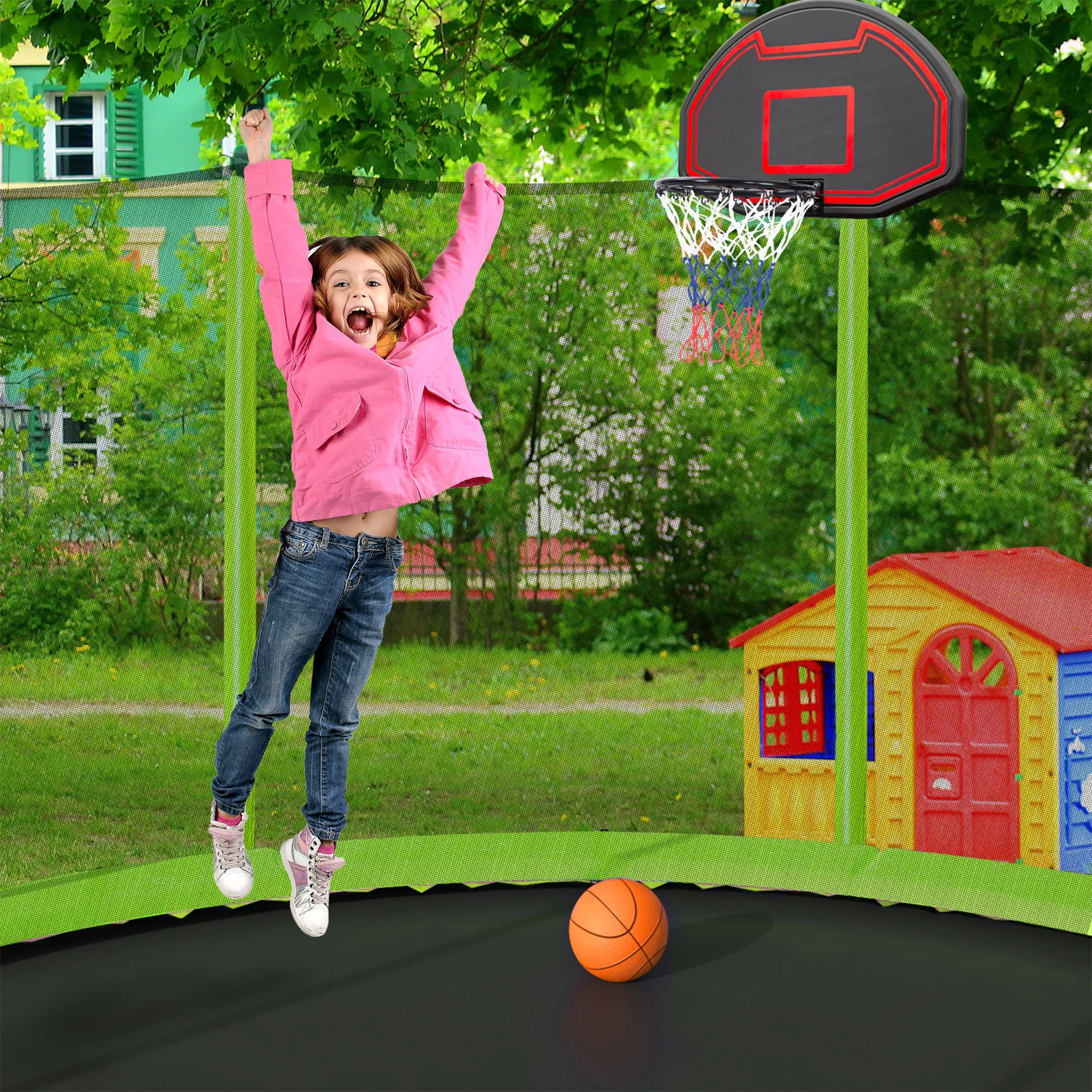 16Ft Trampoline With Basketball Hoop Pump And Ladder (Inner Safety Enclosure) With Soccer Goal