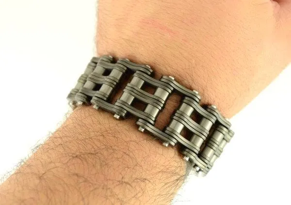 1" Wide Gunmetal Finish Stainless Steel Motorcycle Chain Bracelet 