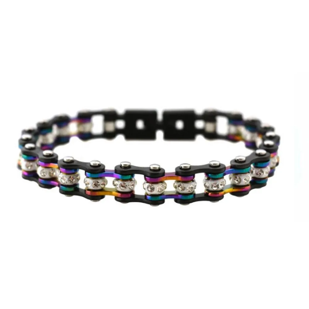 3/8" Wide MiniGunmetal/Irredisent with White Crystal Centers Stainless Steel Motorcycle Bike Chain Bracelet