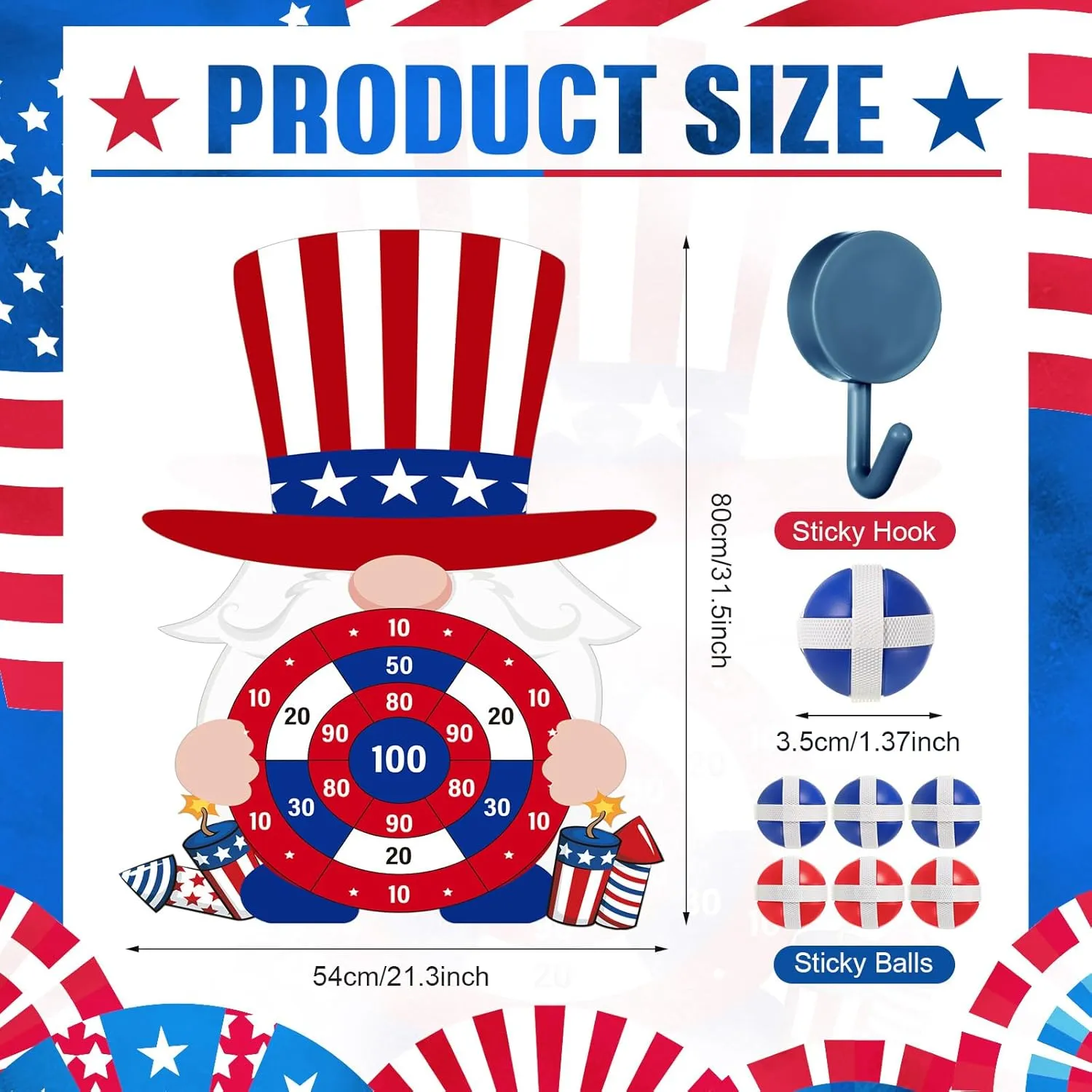 4th of July Games Set Patriotic Dart Board Games with 6 Sticky Balls Independence American Day Party Favor for Red White and Blue Party Throwing Indoor Outdoor Yard(Top Hat)