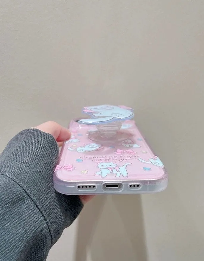 Cute Clear Pink Cute Kitty Print Design   White Cat Pop Up Stand Protective Shockproof Phone Case for iPhone 11 12 13 14 15 Pro Max Case