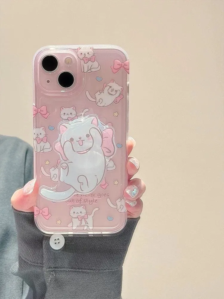 Cute Clear Pink Cute Kitty Print Design   White Cat Pop Up Stand Protective Shockproof Phone Case for iPhone 11 12 13 14 15 Pro Max Case