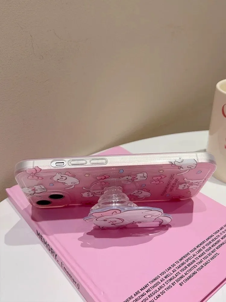 Cute Clear Pink Cute Kitty Print Design   White Cat Pop Up Stand Protective Shockproof Phone Case for iPhone 11 12 13 14 15 Pro Max Case