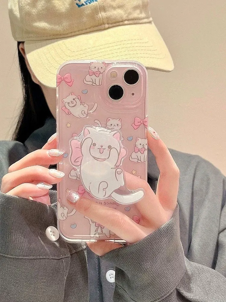 Cute Clear Pink Cute Kitty Print Design   White Cat Pop Up Stand Protective Shockproof Phone Case for iPhone 11 12 13 14 15 Pro Max Case