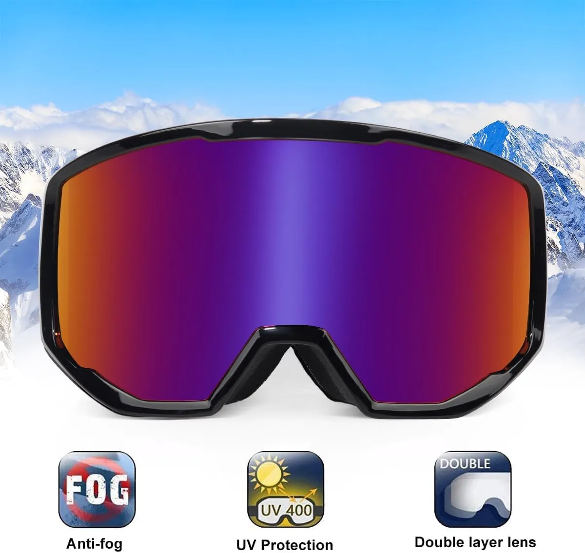 EXP VISION Ski/Snowboard Goggles for Men Women, OTG Snow Goggles Anti Fog UV Protection
