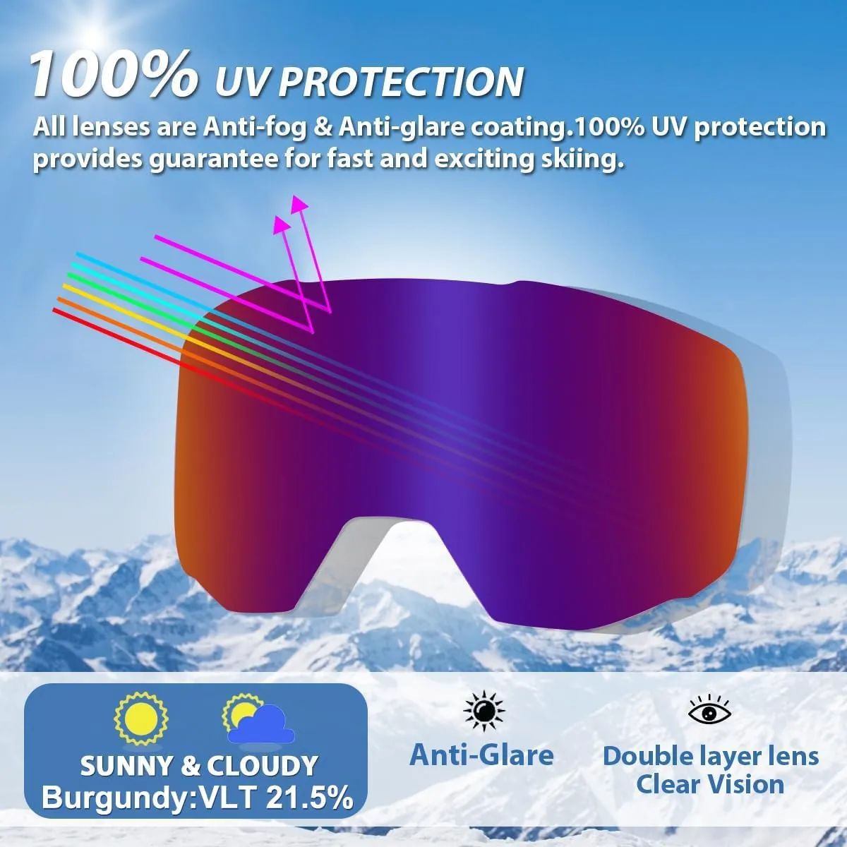 EXP VISION Ski/Snowboard Goggles for Men Women, OTG Snow Goggles Anti Fog UV Protection