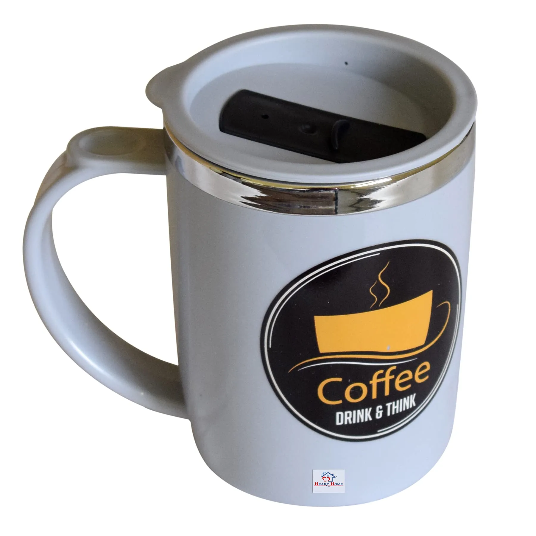 Heart Home Double Wall Vacuum Insulated Food Grade BPA Free Plastic Coffee Mug with Lid, Pack of 2 (Grey)