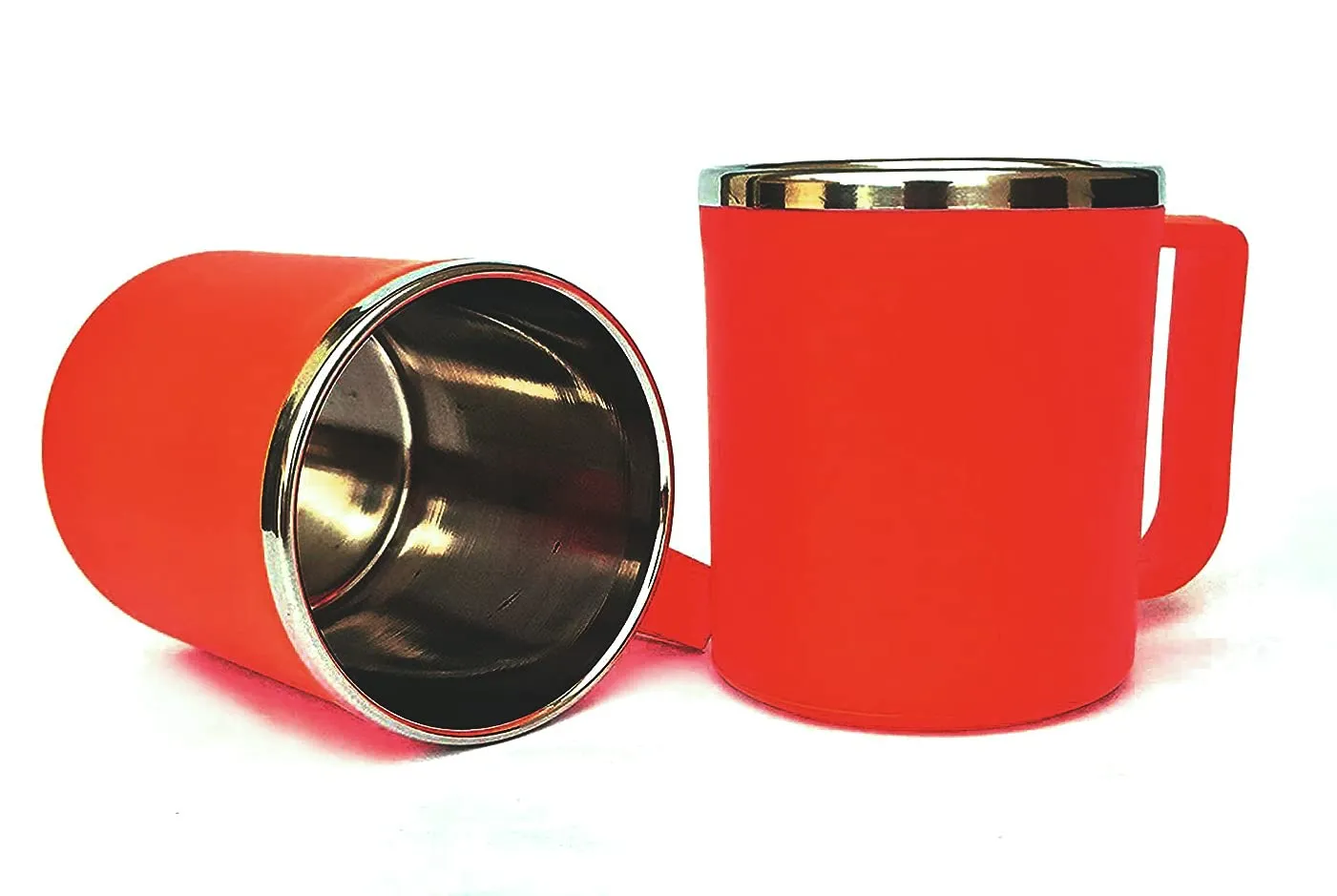Heart Home Medium Size Plastic Steel Cups for Coffee Tea Cocoa, Camping Mugs with Handle, Portable & Easy Clean, Set of 4 (Green & Red)