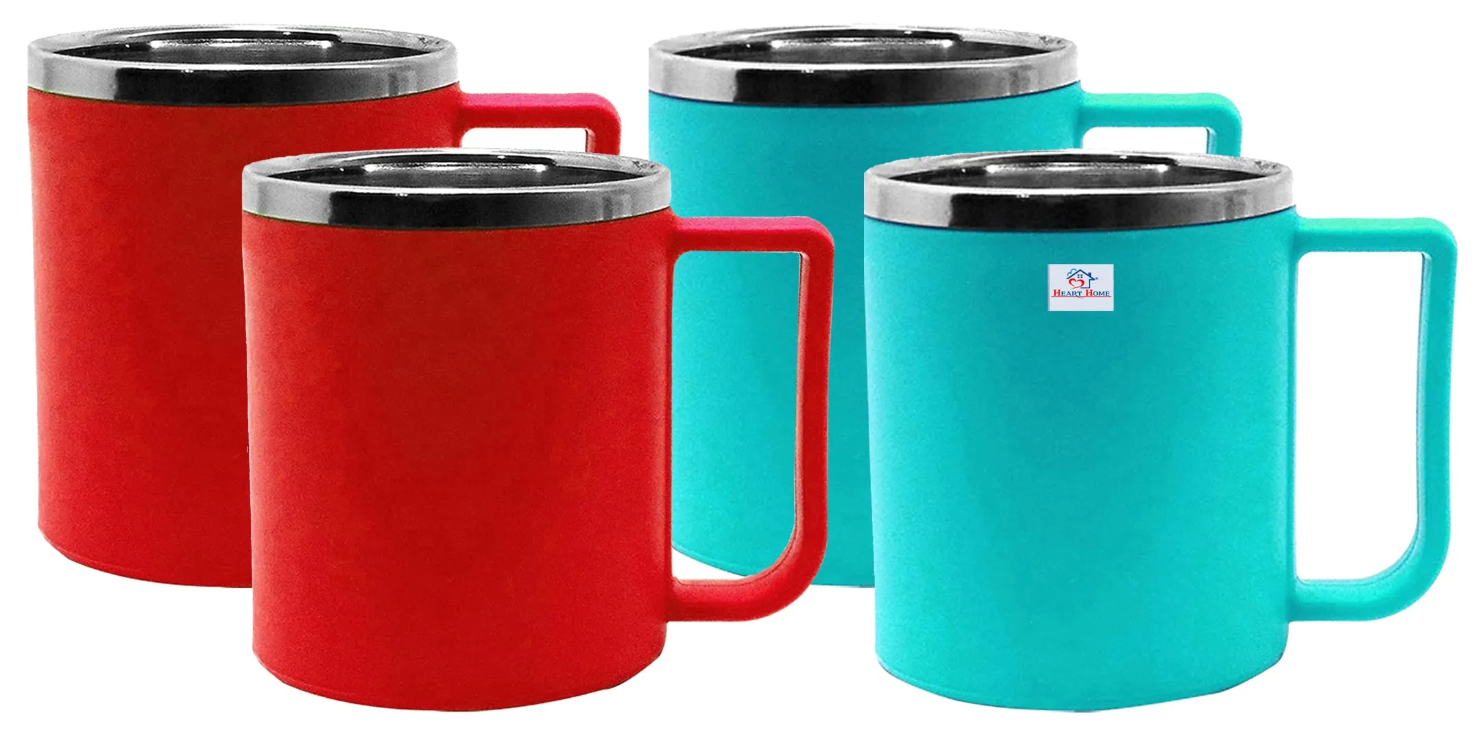 Heart Home Medium Size Plastic Steel Cups for Coffee Tea Cocoa, Camping Mugs with Handle, Portable & Easy Clean, Set of 4 (Green & Red)