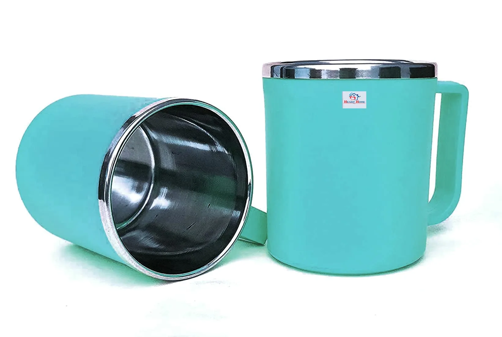 Heart Home Medium Size Plastic Steel Cups for Coffee Tea Cocoa, Camping Mugs with Handle, Portable & Easy Clean, Set of 4 (Green & Red)
