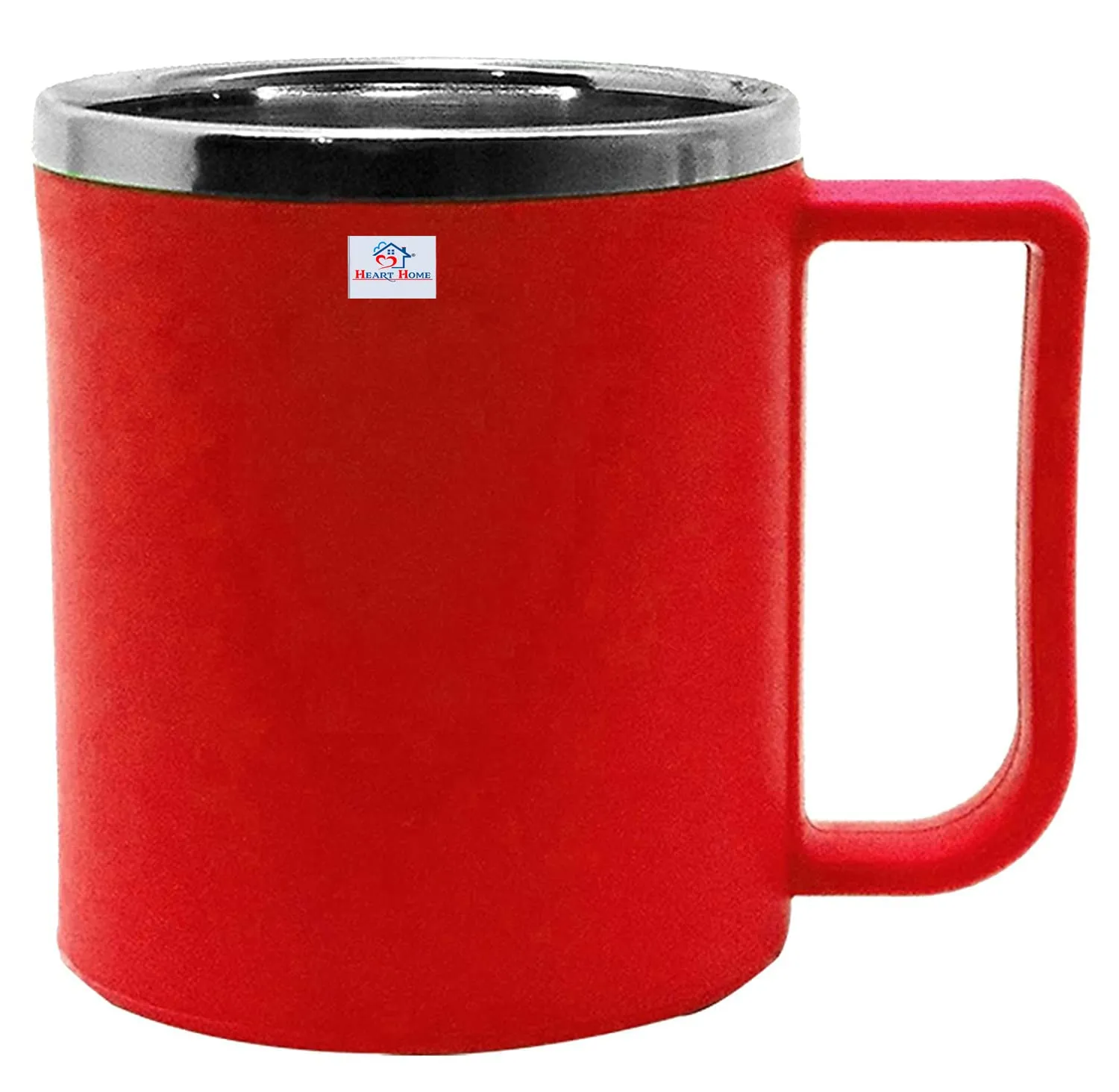 Heart Home Medium Size Plastic Steel Cups for Coffee Tea Cocoa, Camping Mugs with Handle, Portable & Easy Clean, Set of 4 (Green & Red)