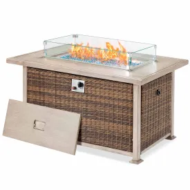 Homrest 50 in Propane Fire Pit Table w/ Glass Wind Guard and Aluminum Tabletop, Brown