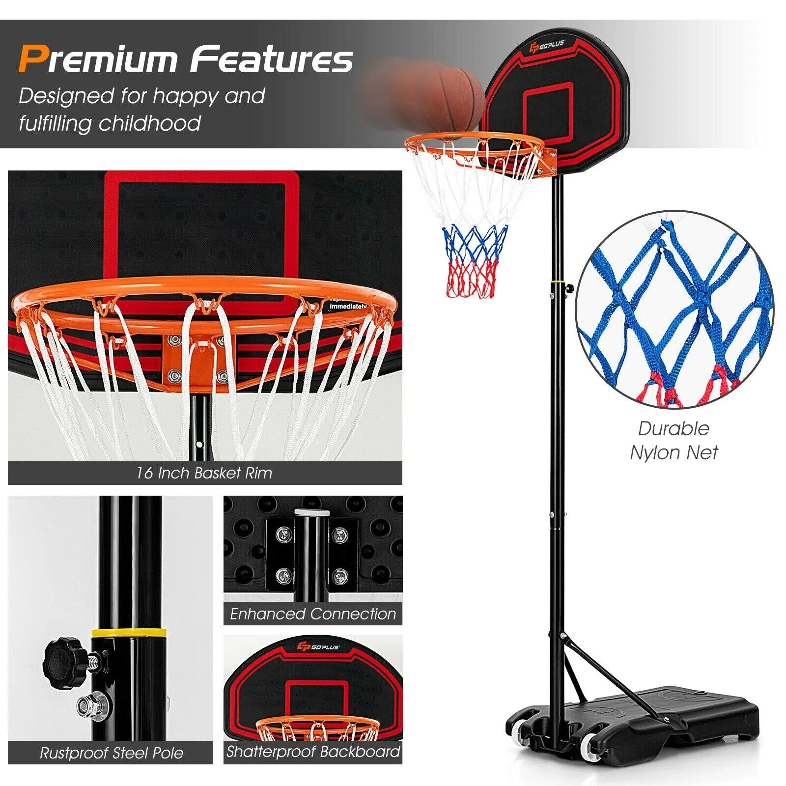 Kids Adjustable Basketball Hoop Stand W/Durable Net