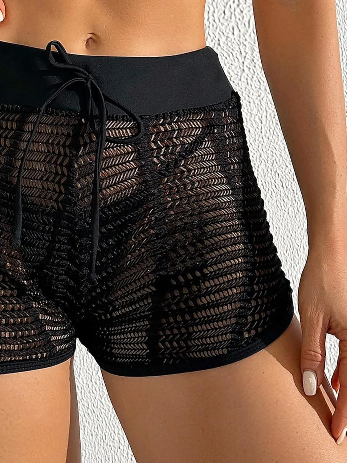 Leoparts Women's Hollow Out Cover Up Shorts High Waisted Semi Sheer Tie Front Cover Up Bottoms (Panty not Included)