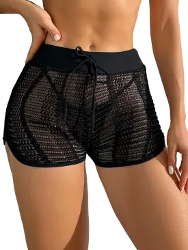 Leoparts Women's Hollow Out Cover Up Shorts High Waisted Semi Sheer Tie Front Cover Up Bottoms (Panty not Included)