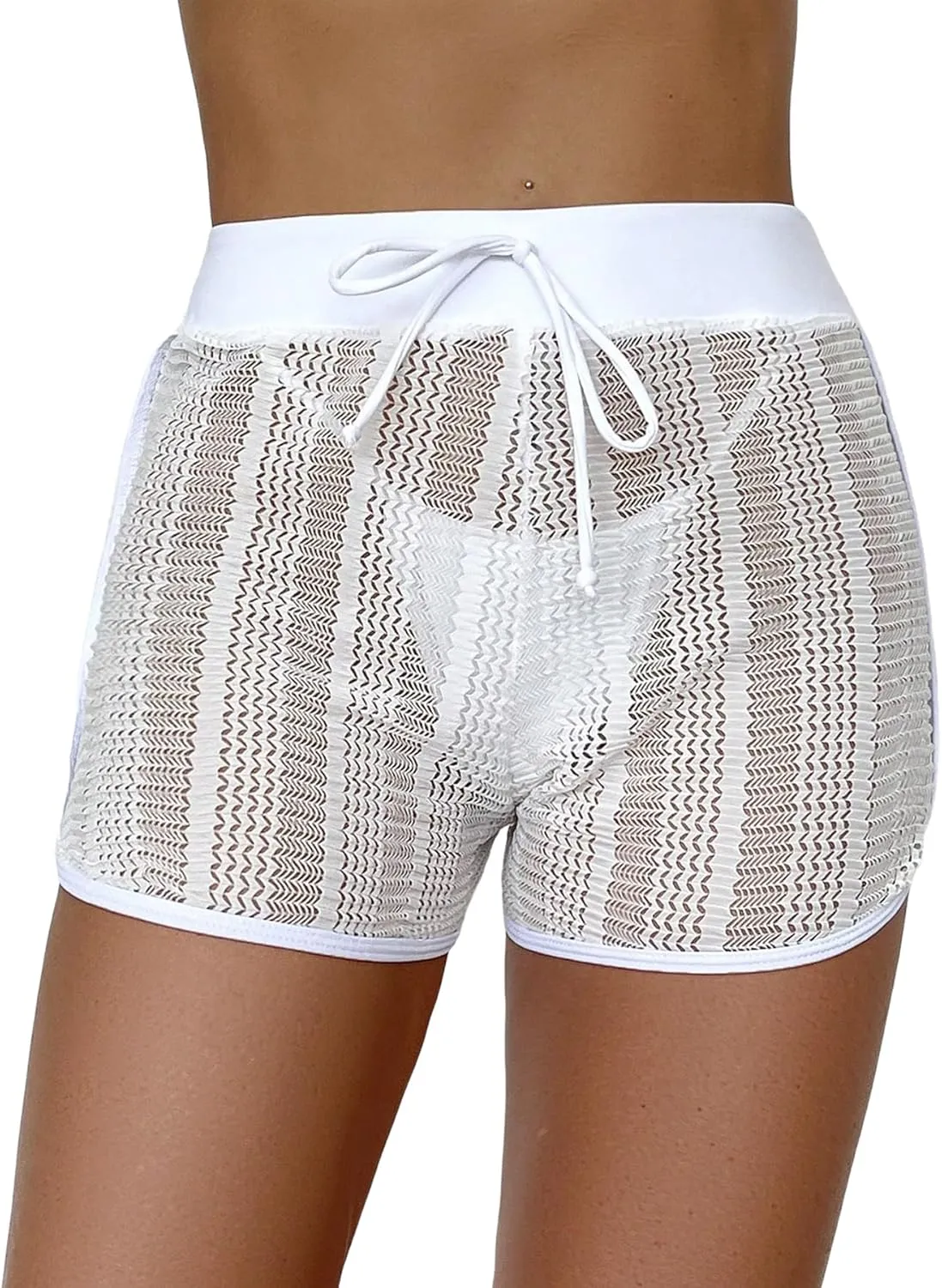 Leoparts Women's Hollow Out Cover Up Shorts High Waisted Semi Sheer Tie Front Cover Up Bottoms (Panty not Included)