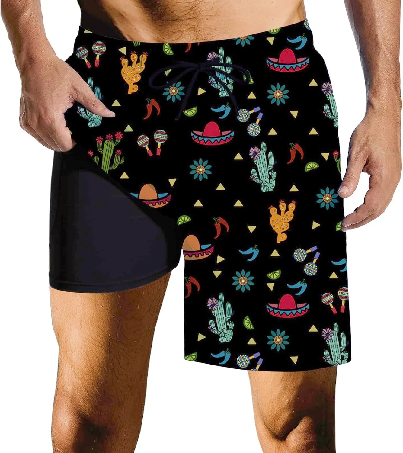 Mens Swim Trunks with Compression Liner Quick Dry Zipper Pocket Bathing