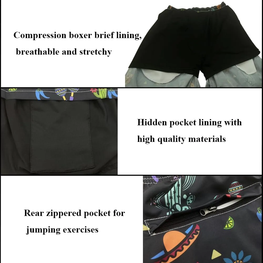 Mens Swim Trunks with Compression Liner Quick Dry Zipper Pocket Bathing