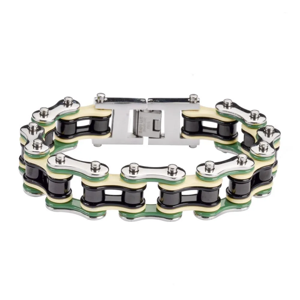 Quad Color Silver Green Tan Black 3/4" Wide Double Link Design Men's Stainless Steel Motorcycle Chain Bracelet