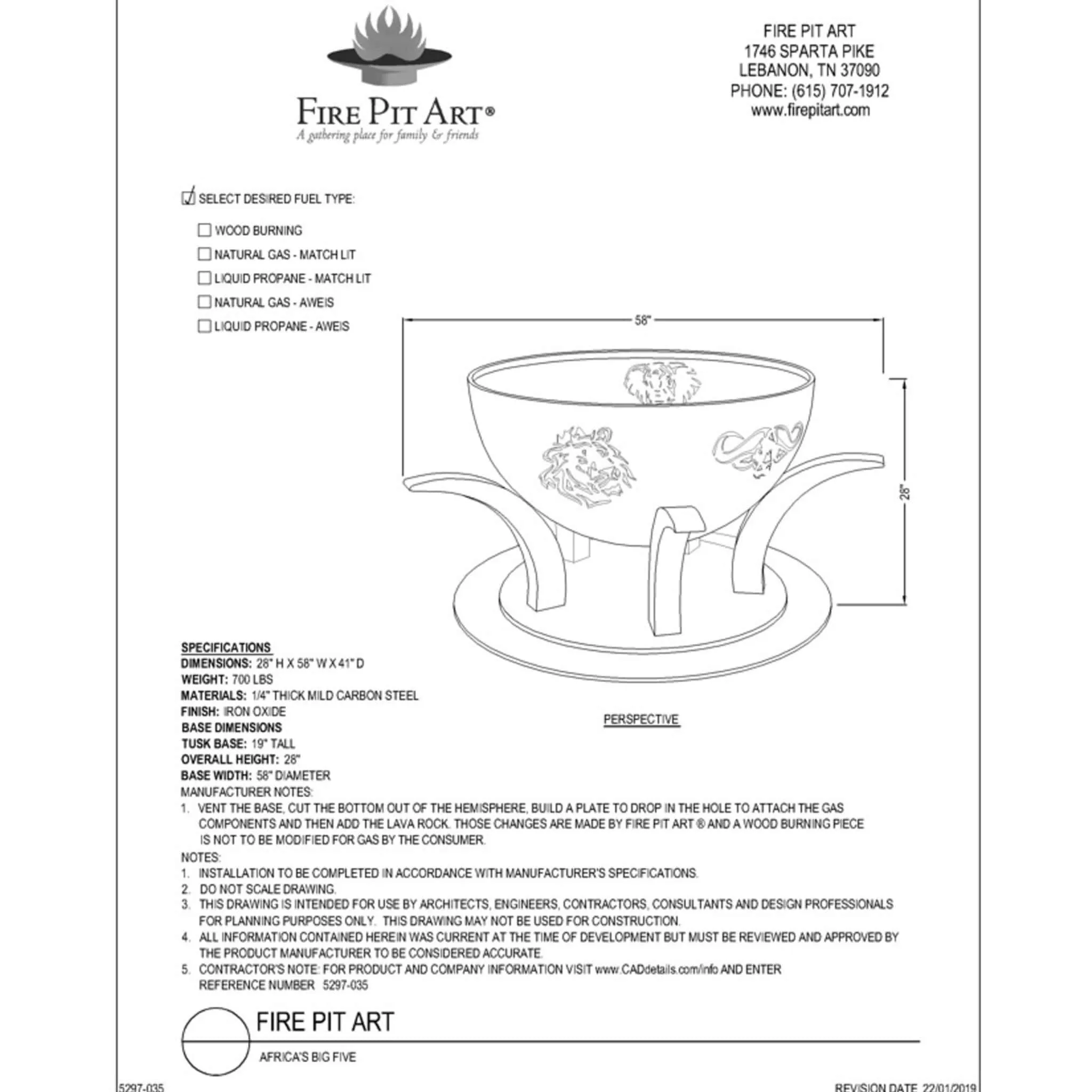 "Africa's Big Five" Gas Fire Pit in Steel - Fire Pit Art