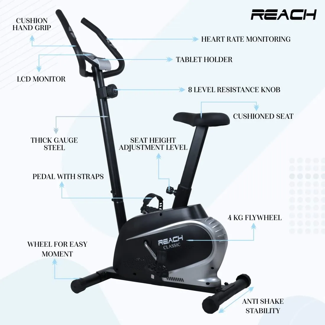 Reach B-201 Smart Exercise Cycle with 4kg Flywheel | Indoor Upright Stationary Bike | 8 Levels of Adjustable Magnetic Resistance with Cushioned Seat | LCD Screen | Max User Weight 110kg