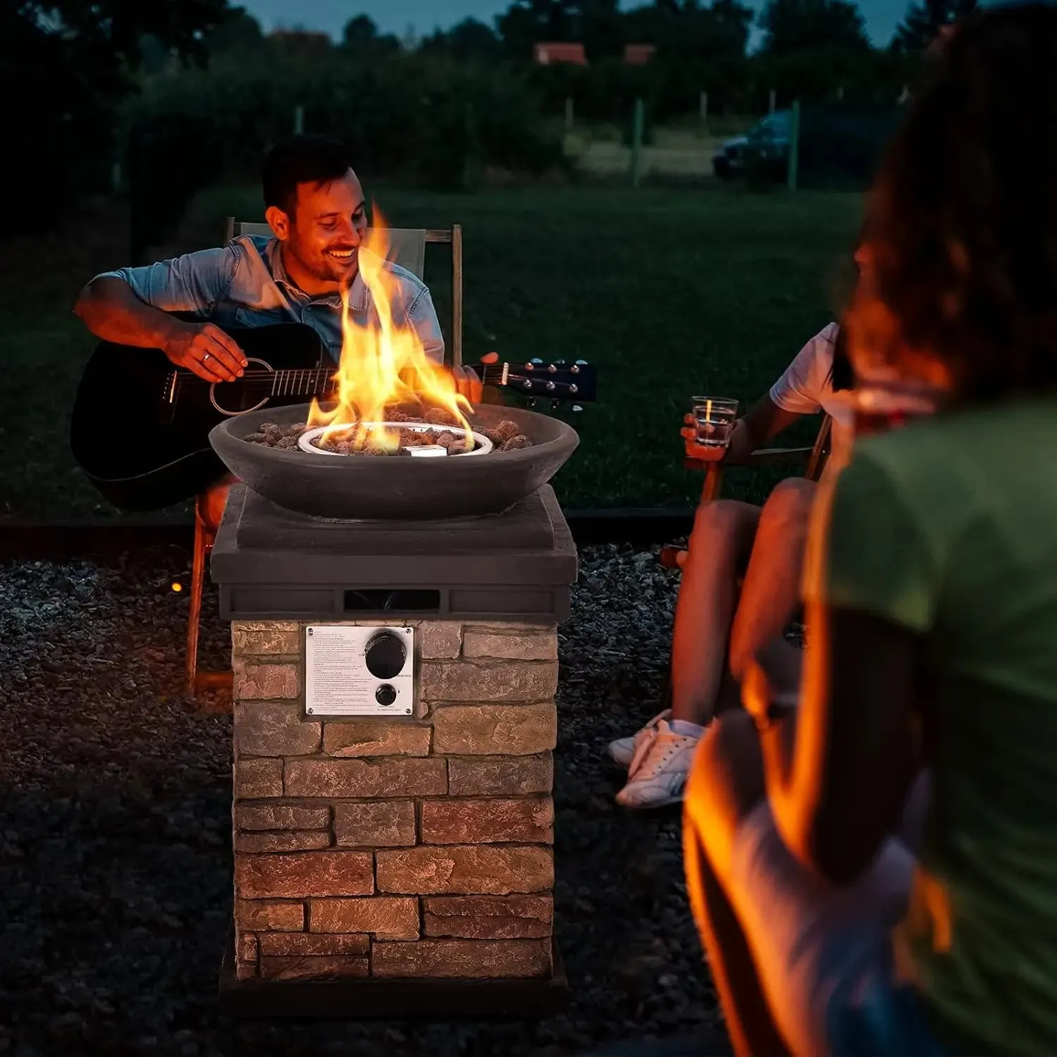 Rustic Propane Firebowl Column, 40,000 BTU Gas Fire Pit Table with Ledgestone Design & Rain Cover