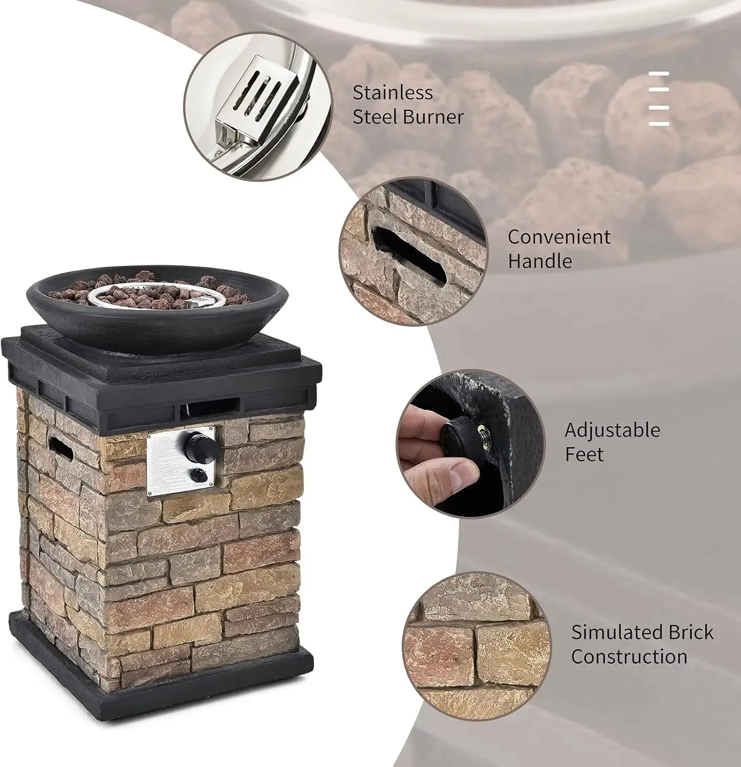 Rustic Propane Firebowl Column, 40,000 BTU Gas Fire Pit Table with Ledgestone Design & Rain Cover