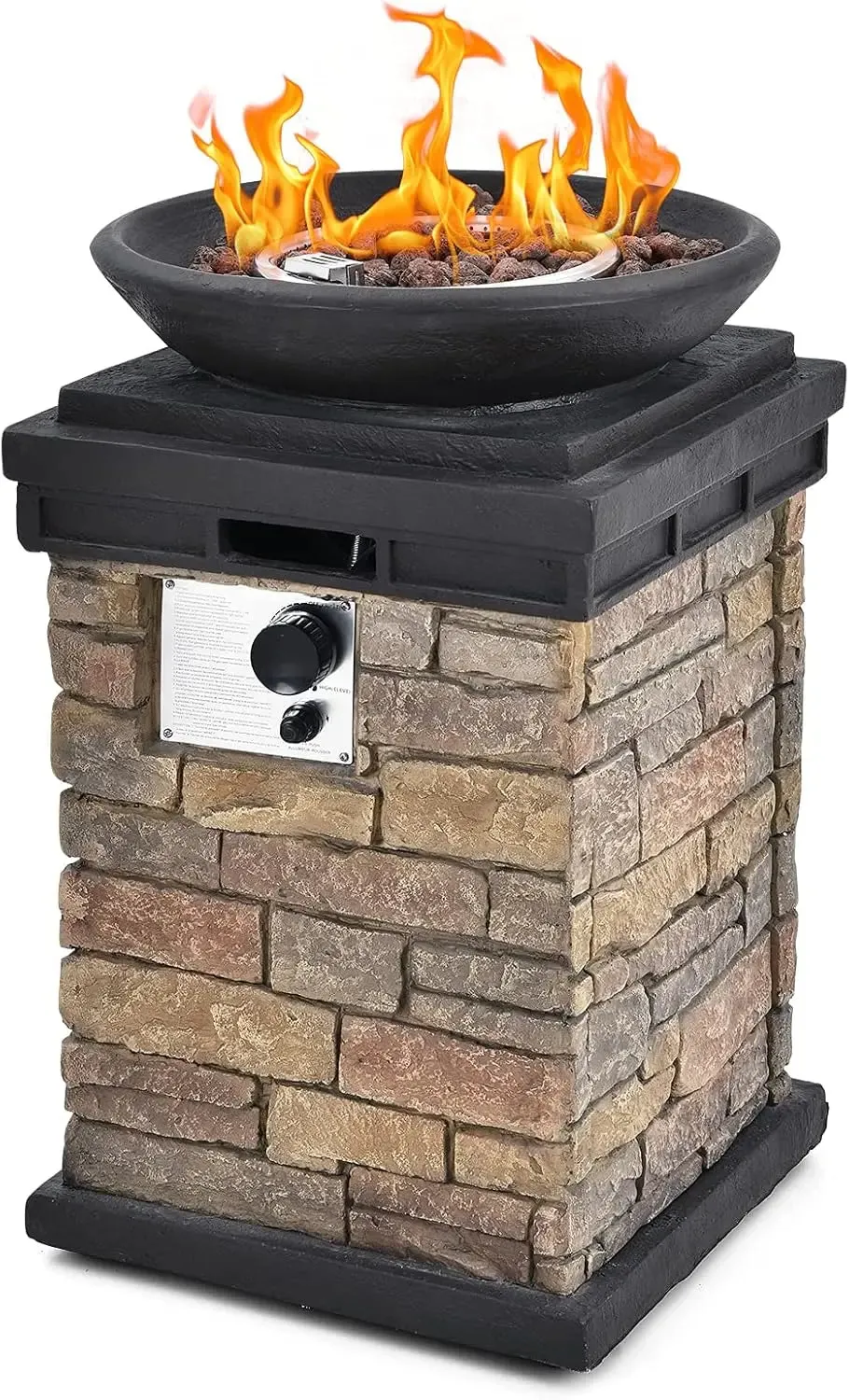 Rustic Propane Firebowl Column, 40,000 BTU Gas Fire Pit Table with Ledgestone Design & Rain Cover