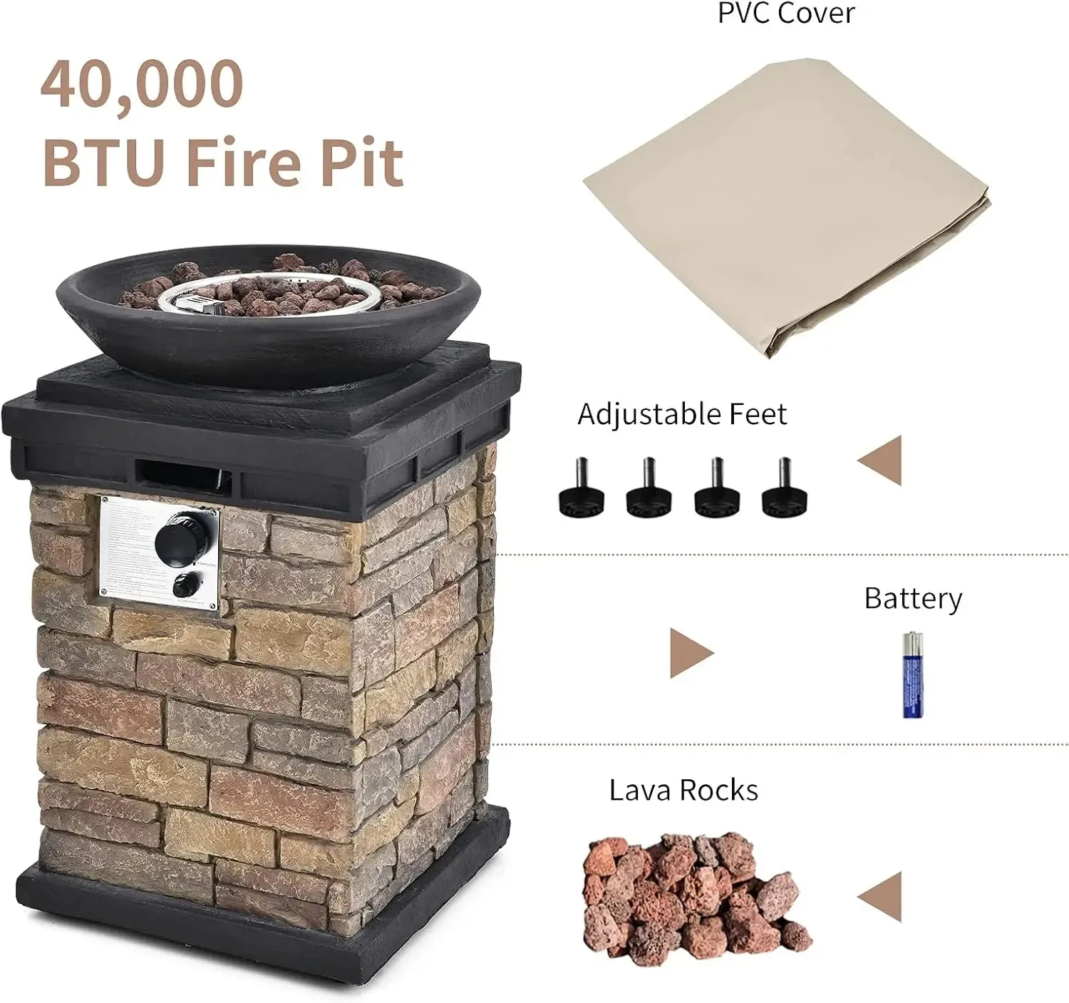 Rustic Propane Firebowl Column, 40,000 BTU Gas Fire Pit Table with Ledgestone Design & Rain Cover