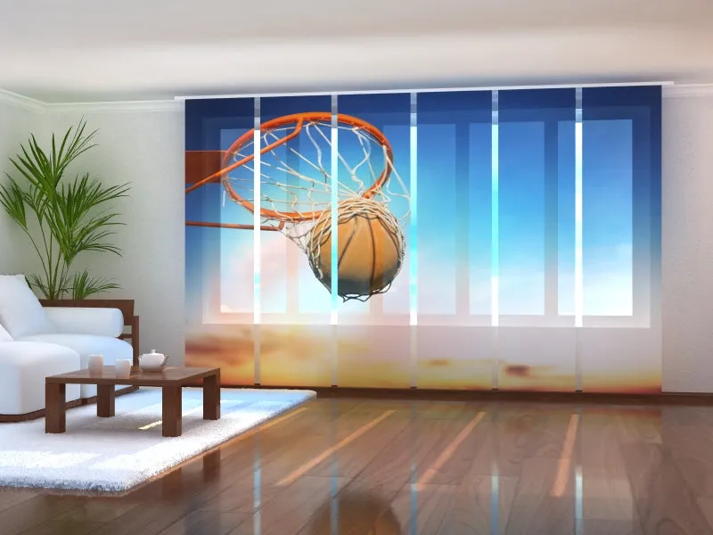 Set of 6 Sliding Panel Curtains Basketball Ball in Net