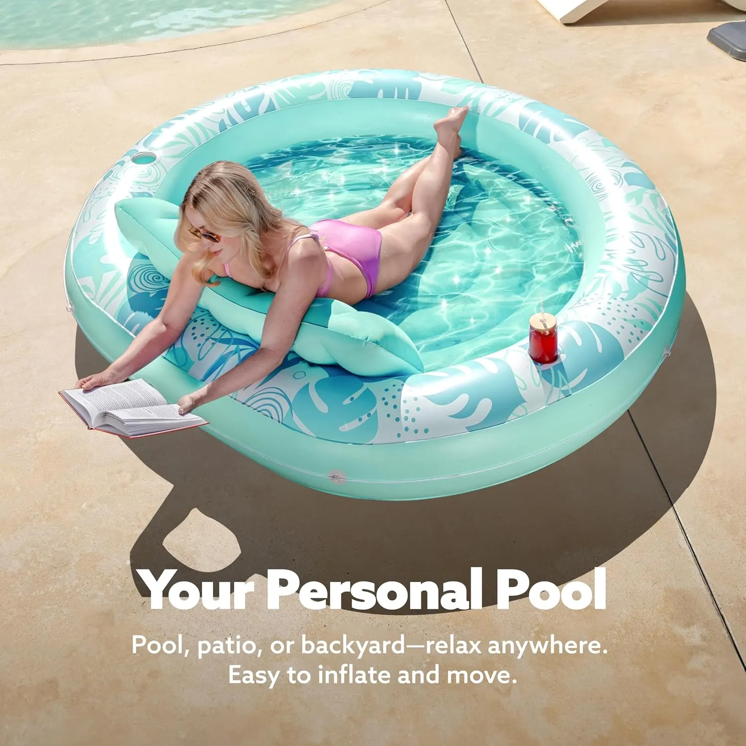 SLOOSH Inflatable Tanning Pool Lounger Float,72" x 65" Pool Floats Adult with Pillow,Luxury Fabric Large Suntan Tub Raft Floatie,Sunbathing Bed Lounge for Water Blow Up Kids Ball Pit Party Gifts,Cyan