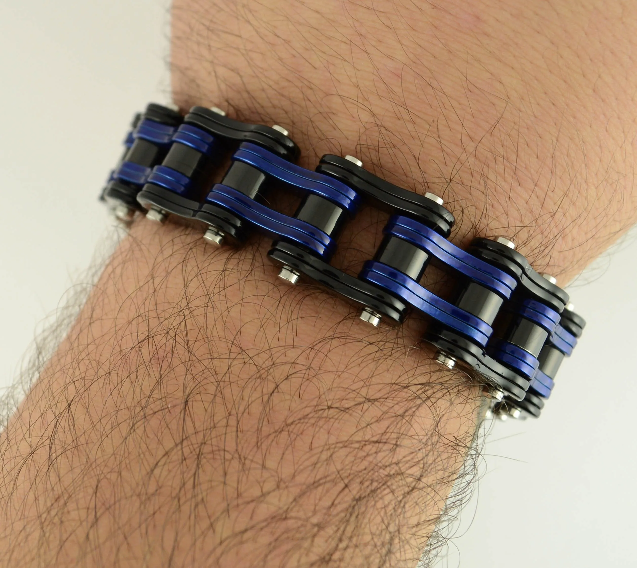 Two Tone Black Blue Police Special 3/4" Wide Double Link DesignUnisex Stainless Steel Motorcycle Chain Bracelet
