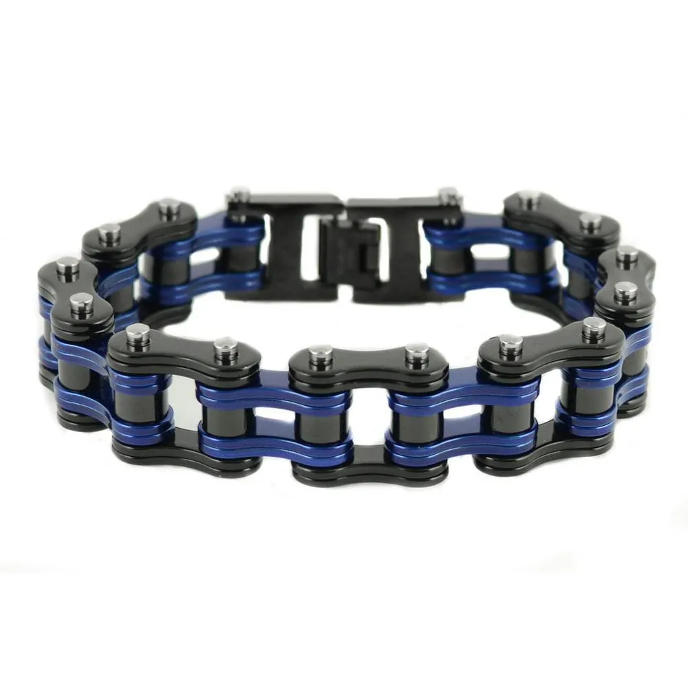 Two Tone Black Blue Police Special 3/4" Wide Double Link DesignUnisex Stainless Steel Motorcycle Chain Bracelet