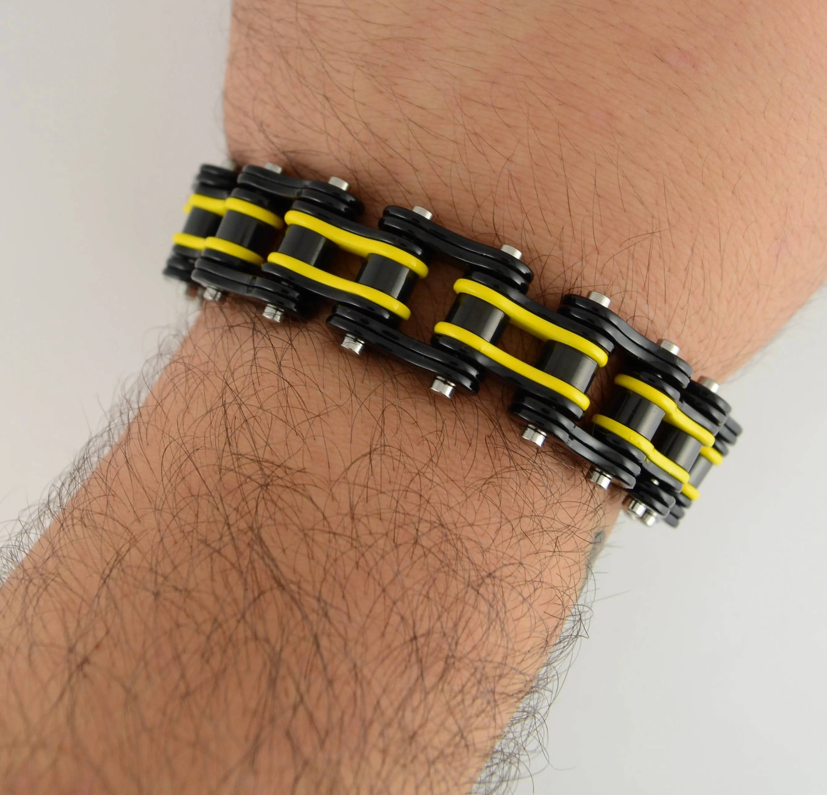 Two Tone Black Yellow 3/4" Wide Double Link DesignUnisex Stainless Steel Motorcycle Chain Bracelet
