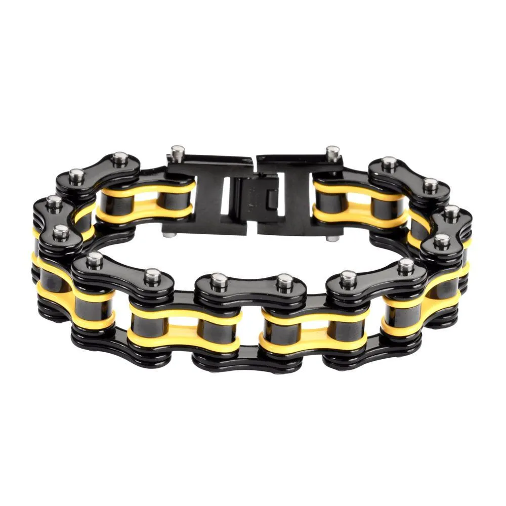 Two Tone Black Yellow 3/4" Wide Double Link DesignUnisex Stainless Steel Motorcycle Chain Bracelet